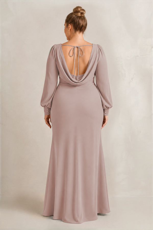Toffee Long Sleeve V-Neck Sheath Chiffon Bridesmaid Dress (2) [sizeplus] | KISSBRIDAL