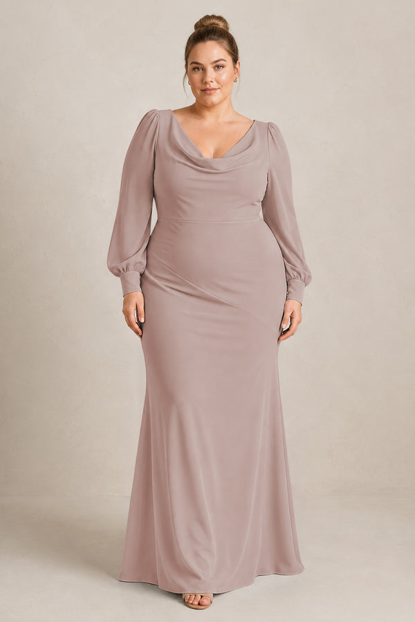 Toffee Long Sleeve V-Neck Sheath Chiffon Bridesmaid Dress [sizeplus] | KISSBRIDAL