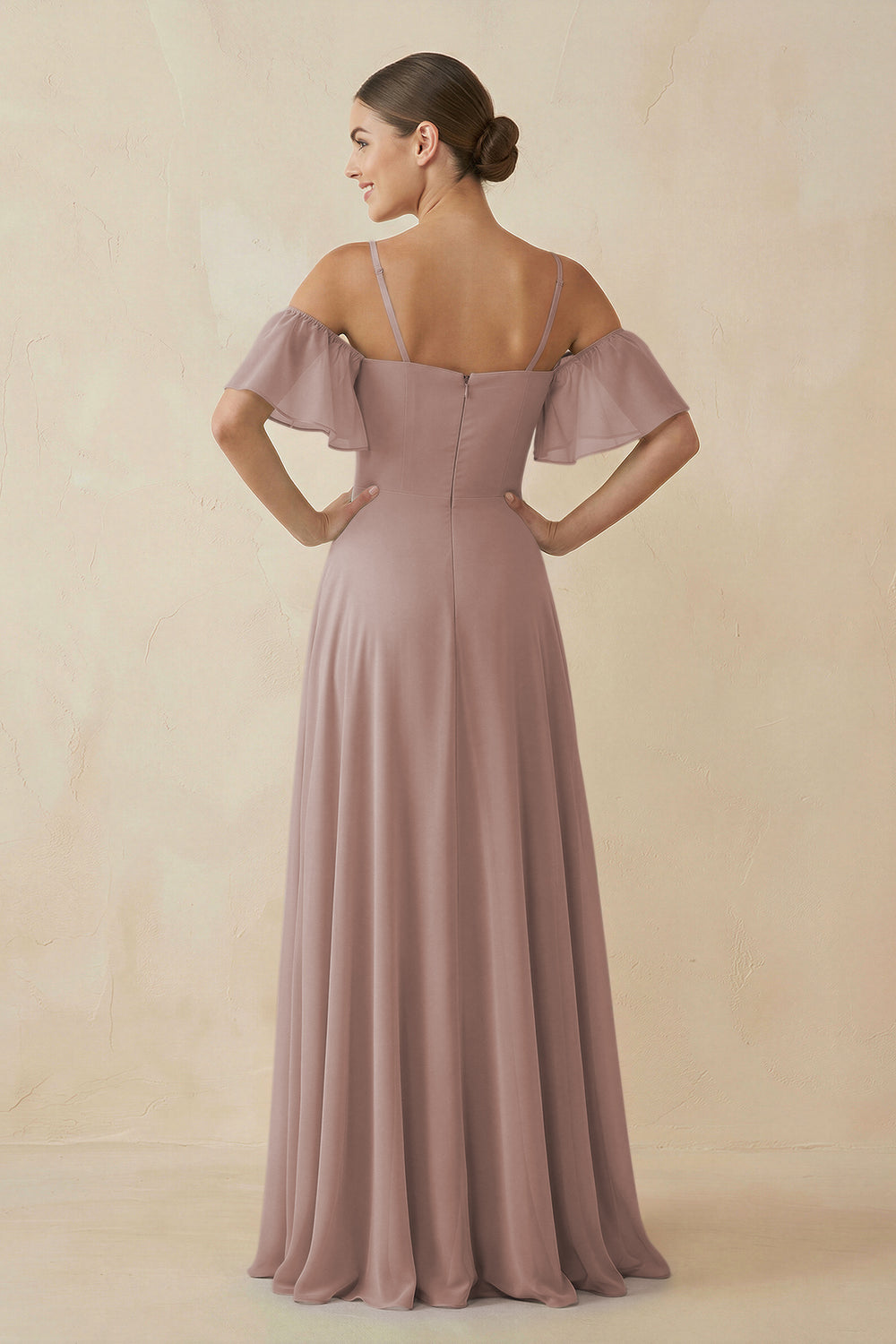 Off-the-Shoulder A-Line Chiffon Bridesmaid Dress in Toffee