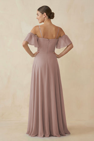 Toffee Off-the-Shoulder A-Line Chiffon Bridesmaid Dress (2) | KISSBRIDAL