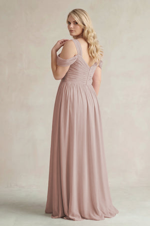 Toffee Off-the-Shoulder A-Line Chiffon Bridesmaid Dress With Slit (2) [sizeplus]   | KISSBRIDAL