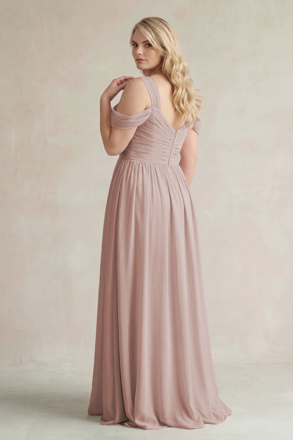 Toffee Off-the-Shoulder A-Line Chiffon Bridesmaid Dress With Slit (2) [sizeplus]   | KISSBRIDAL