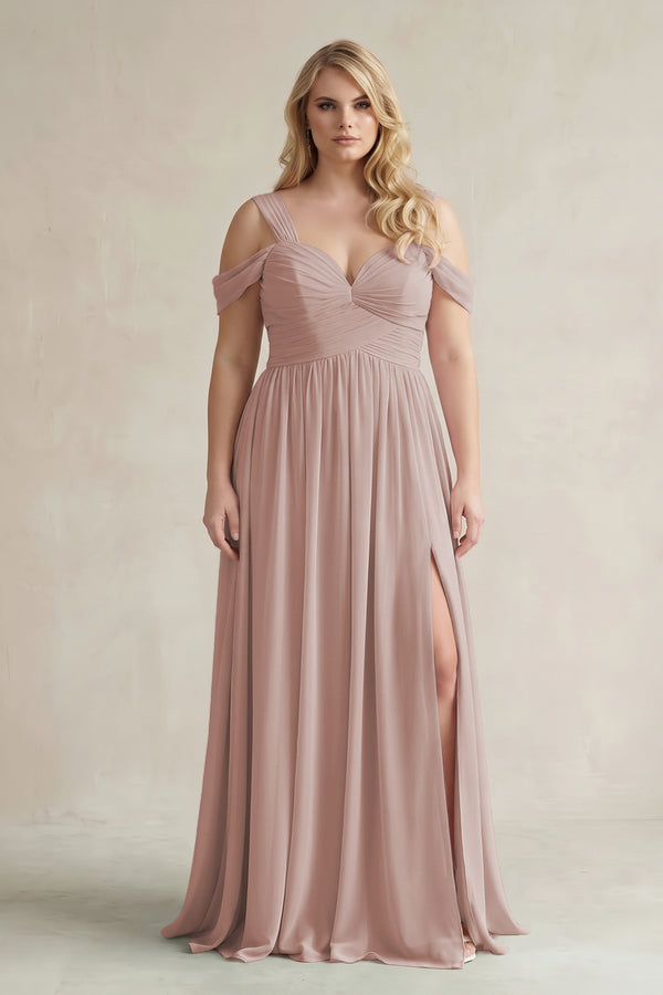Toffee Off-the-Shoulder A-Line Chiffon Bridesmaid Dress With Slit  [sizeplus]  | KISSBRIDAL