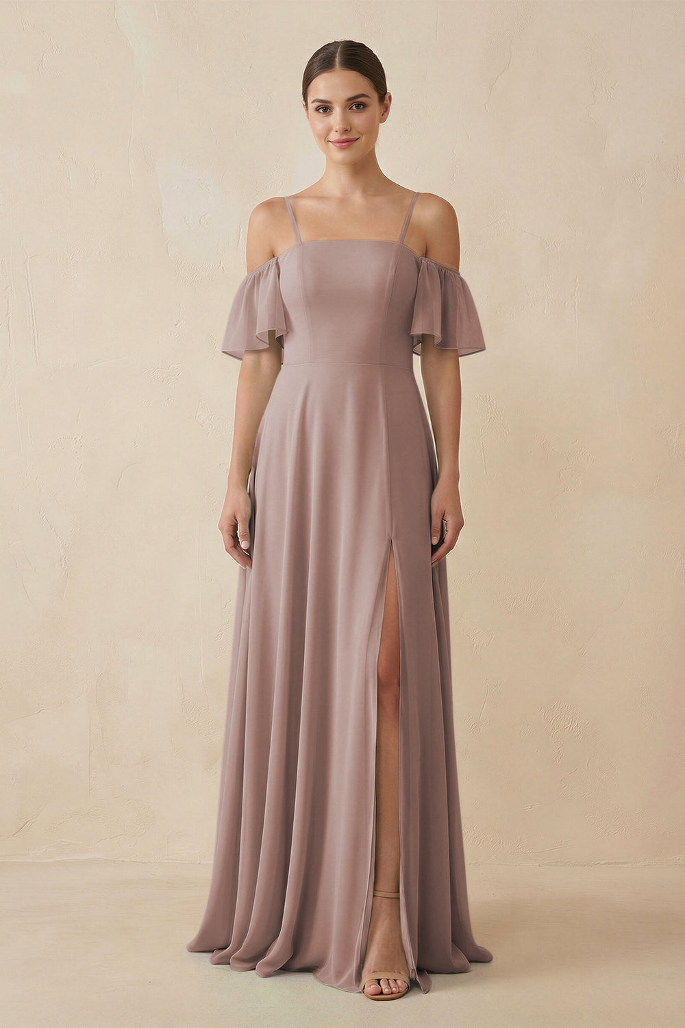 Off-the-Shoulder A-Line Chiffon Bridesmaid Dress in Toffee