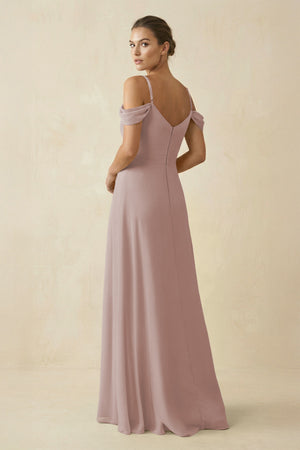 Toffee Off-the-Shoulder A-Line Pleated Chiffon Bridesmaid Gown (2) | KISSBRIDAL