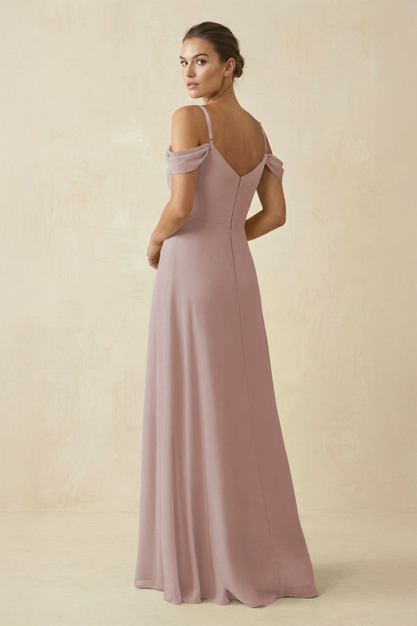 Toffee Off-the-Shoulder A-Line Pleated Chiffon Bridesmaid Gown (2) | KISSBRIDAL