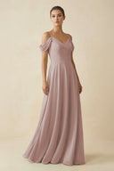 Toffee Off-the-Shoulder A-Line Pleated Chiffon Bridesmaid Gown | KISSBRIDAL