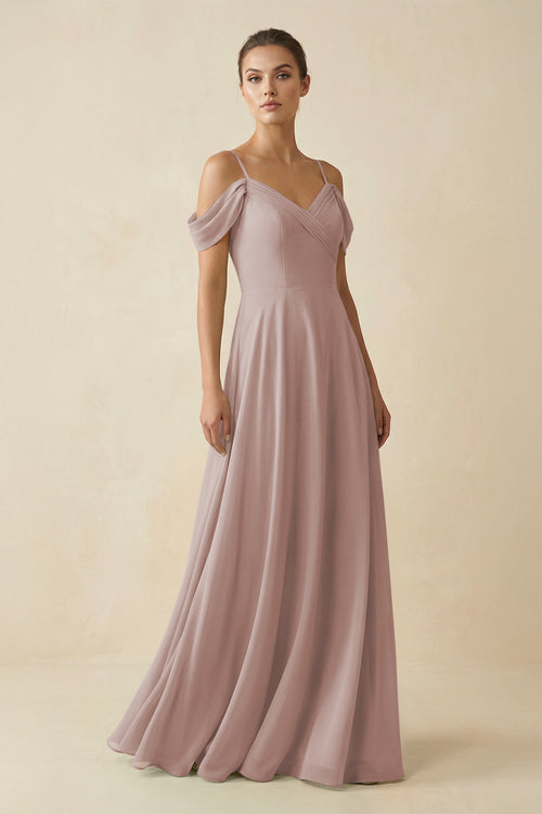 Toffee Off-the-Shoulder A-Line Pleated Chiffon Bridesmaid Gown | KISSBRIDAL