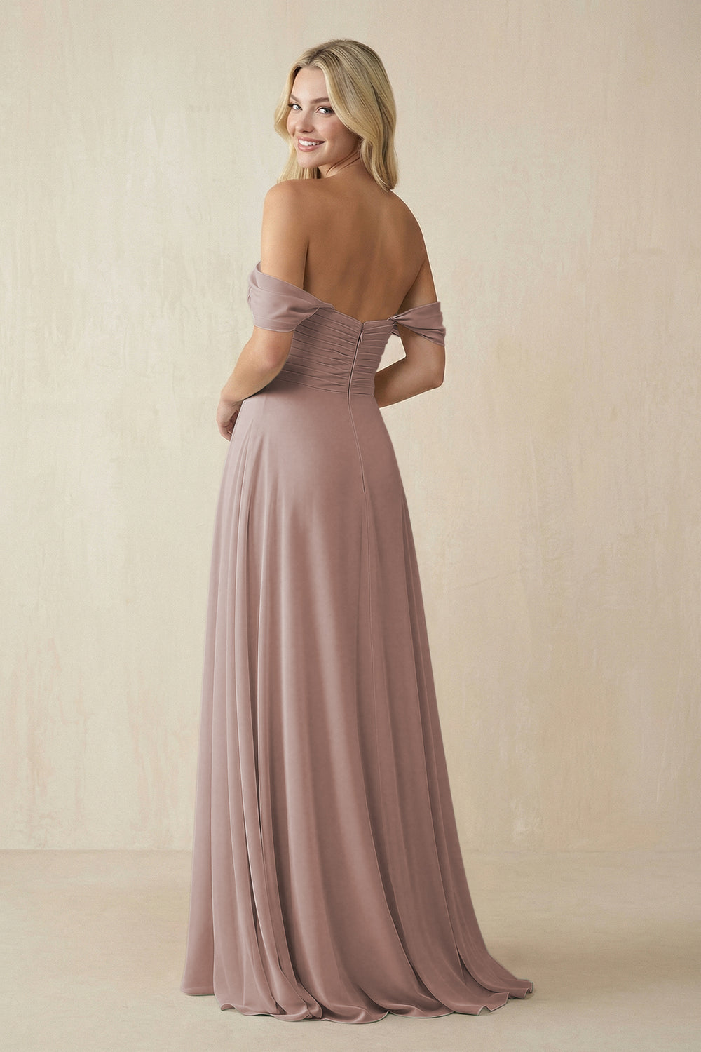 Off-the-Shoulder Chiffon A-Line Long Bridesmaid Dress in Toffee