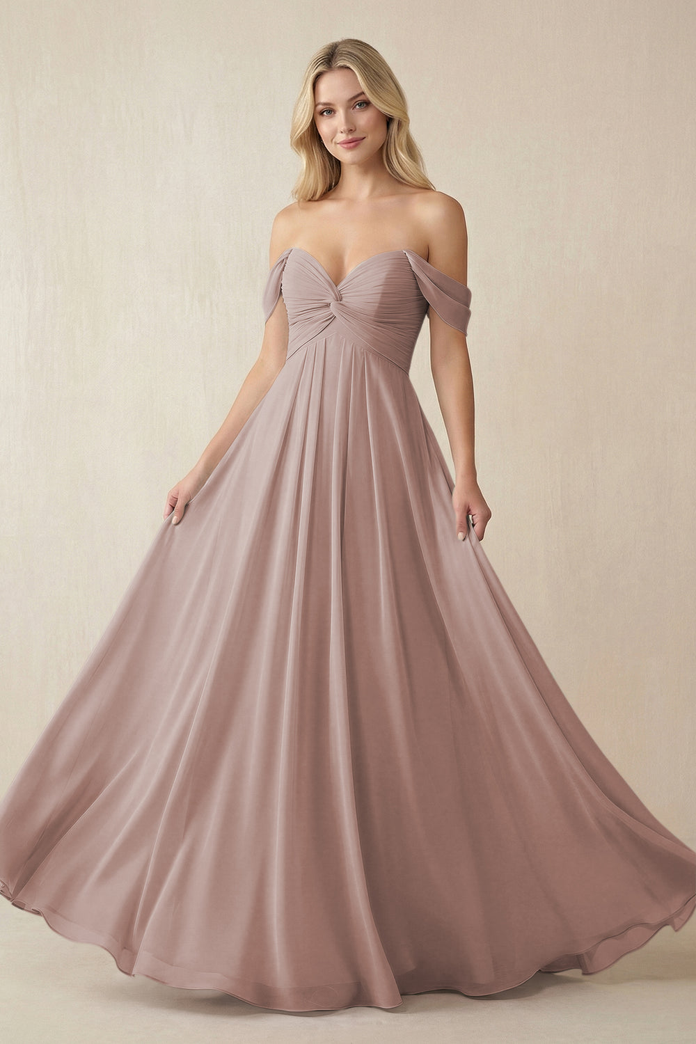 Off-the-Shoulder Chiffon A-Line Long Bridesmaid Dress in Toffee