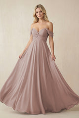 Toffee Off-the-Shoulder Chiffon A-Line Long Bridesmaid Dress | KISSBRIDAL