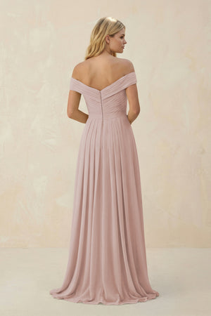Toffee Off-the-Shoulder Pleated A-Line Chiffon Bridesmaid Dress (2) | KISSBRIDAL