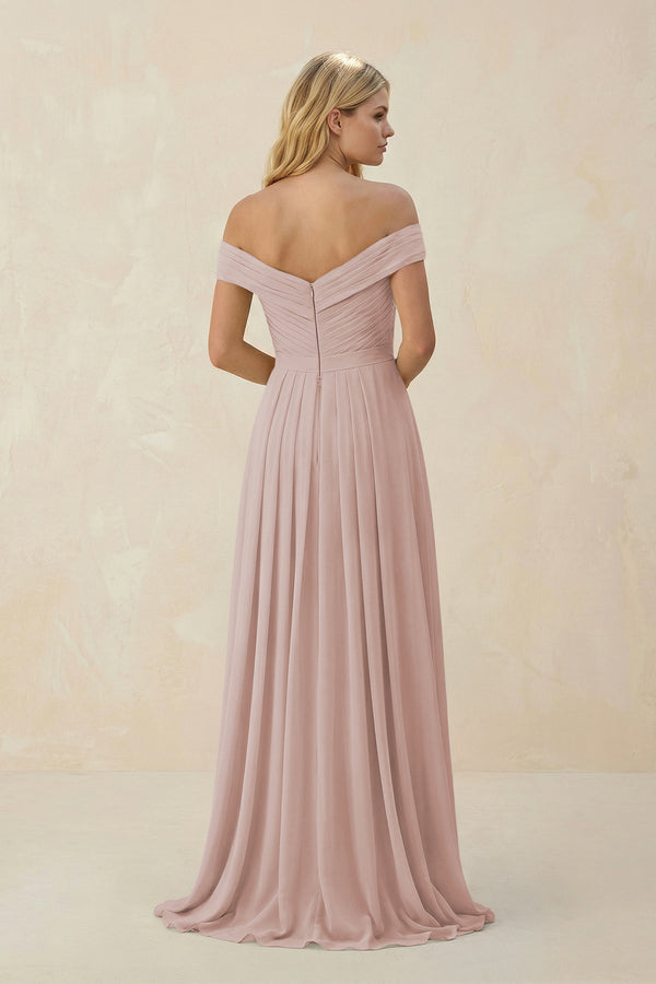 Toffee Off-the-Shoulder Pleated A-Line Chiffon Bridesmaid Dress (2) | KISSBRIDAL