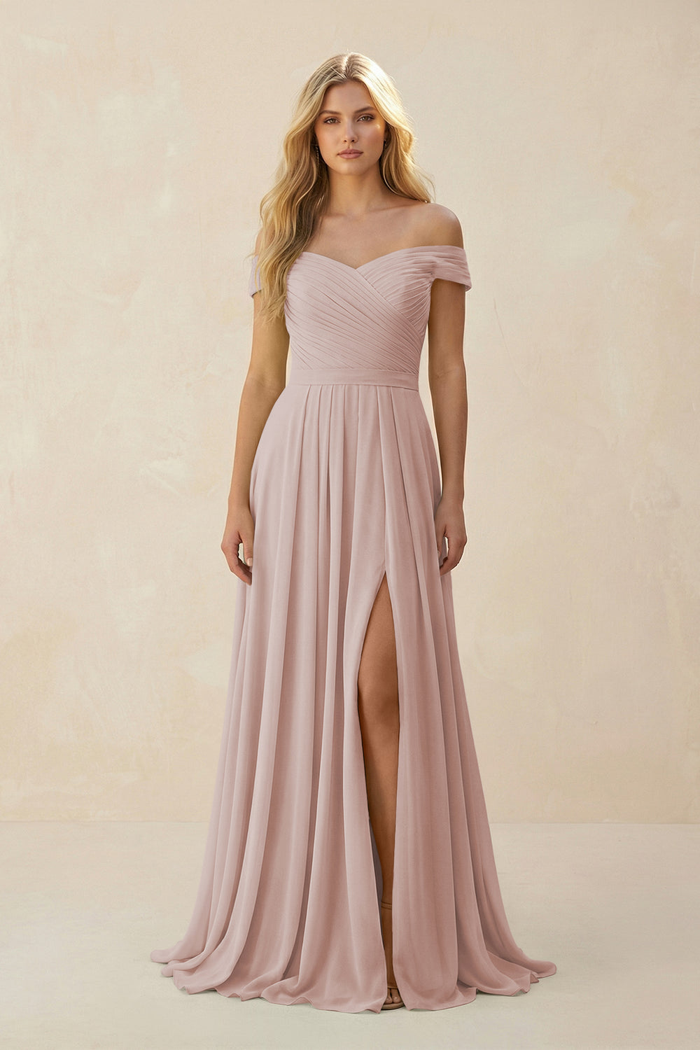 Off-the-Shoulder Pleated A-Line Chiffon Bridesmaid Dress in Toffee