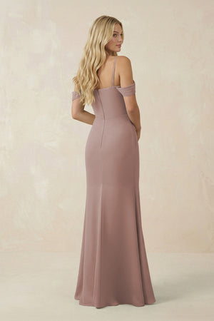 Toffee Off-the-Shoulder Sheath Chiffon Ruched Bridesmaid Dress (2) | KISSBRIDAL