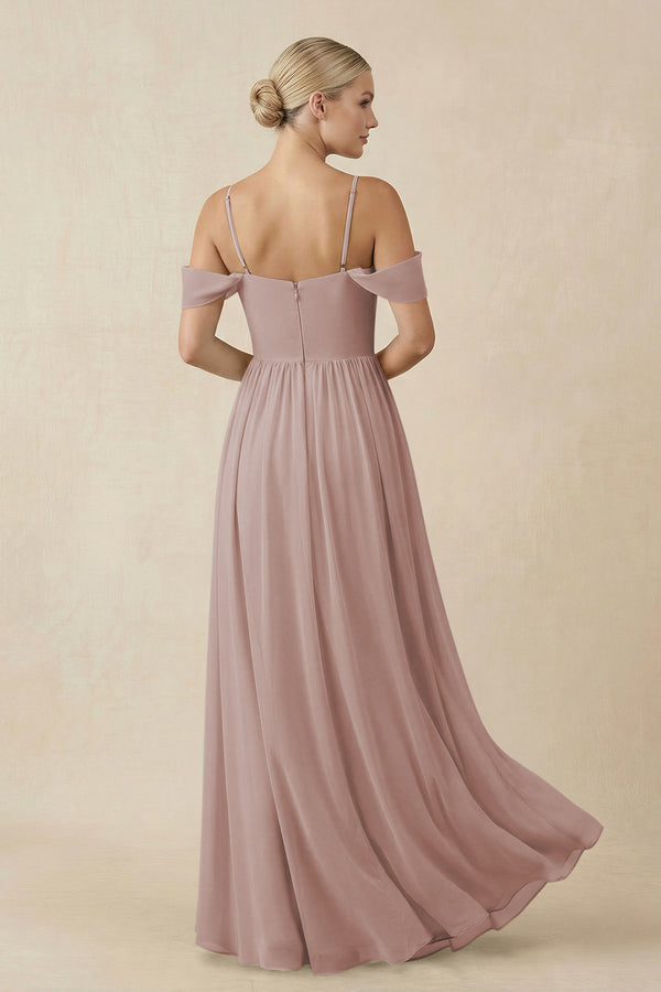 Toffee Off-the-Shoulder Sweetheart A-Line Chiffon Bridesmaid Dress (2) | KISSBRIDAL