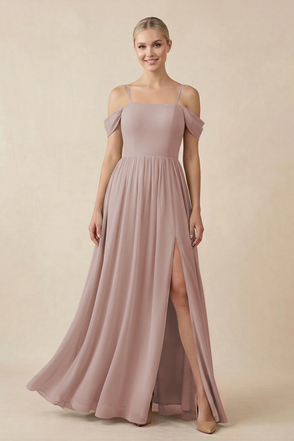 Off-the-Shoulder Sweetheart A-Line Chiffon Bridesmaid Dress in Toffee