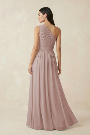 Toffee One-Shoulder Pleated Chiffon Bridesmaid Gown (2) | KISSBRIDAL
