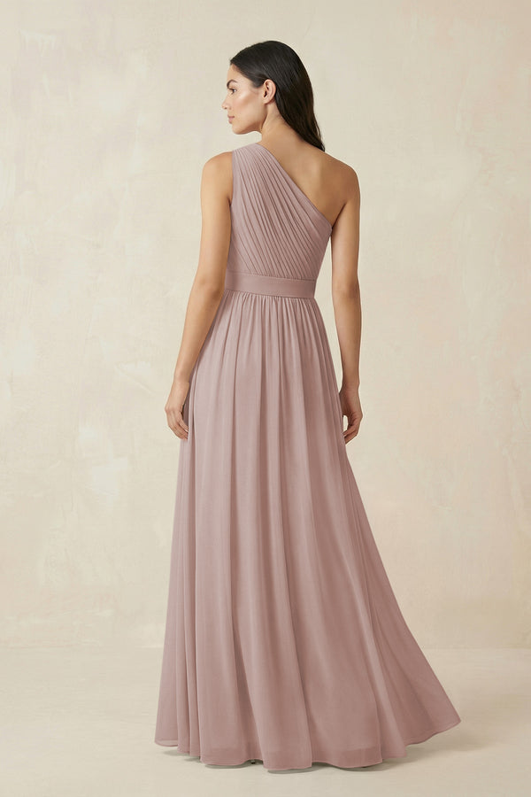 Toffee One-Shoulder Pleated Chiffon Bridesmaid Gown (2) | KISSBRIDAL