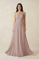 Toffee One-Shoulder Pleated Chiffon Bridesmaid Gown | KISSBRIDAL