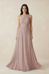 Toffee One-Shoulder Pleated Chiffon Bridesmaid Gown | KISSBRIDAL