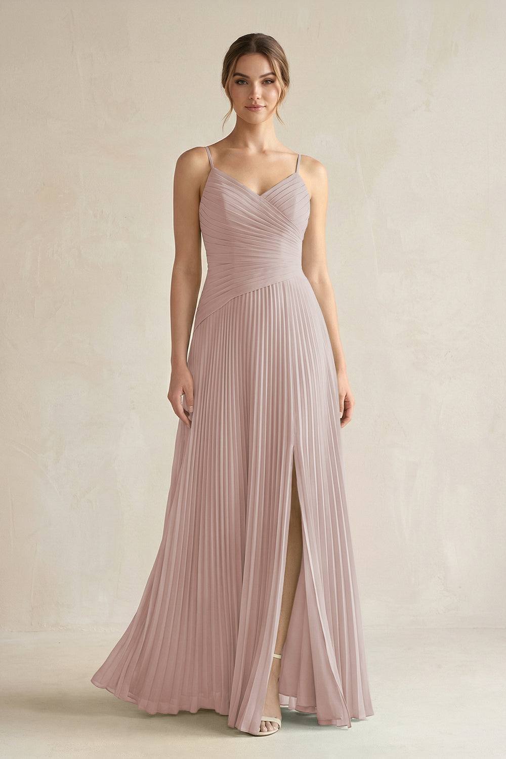 Pleated A-Line Long Chiffon Bridesmaid Dress in Toffee