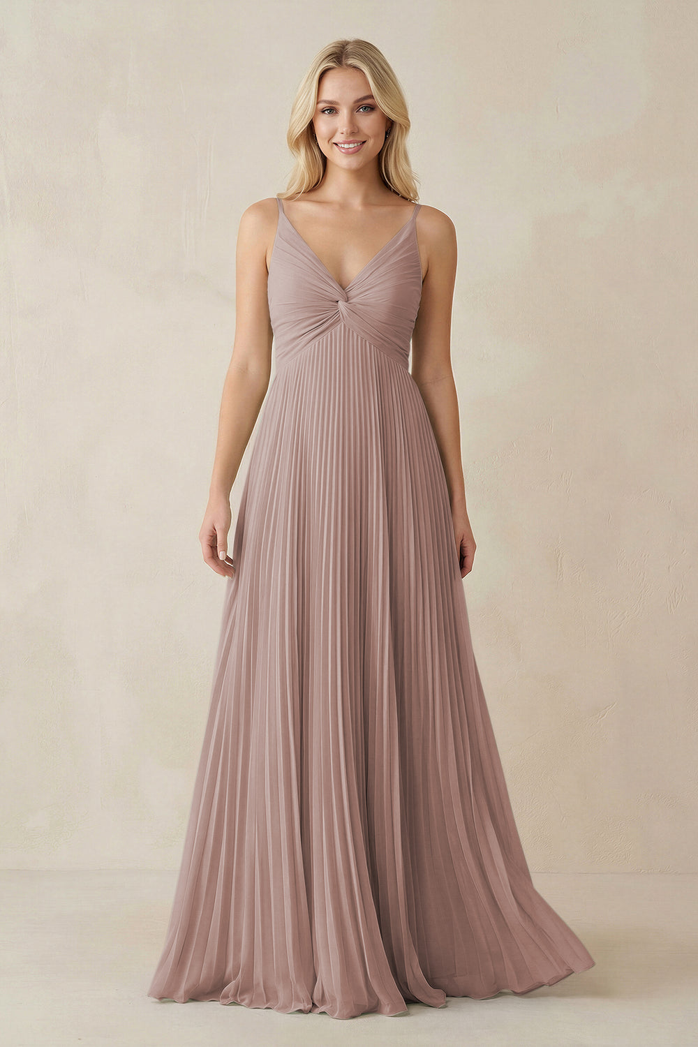 Pleated V-Neck A-Line Chiffon Bridesmaid Dress in Toffee