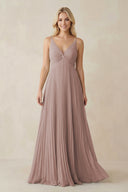 Toffee Pleated V-Neck A-Line Chiffon Bridesmaid Dress | KISSBRIDAL