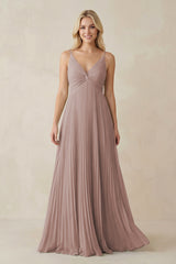 Toffee Pleated V-Neck A-Line Chiffon Bridesmaid Dress | KISSBRIDAL