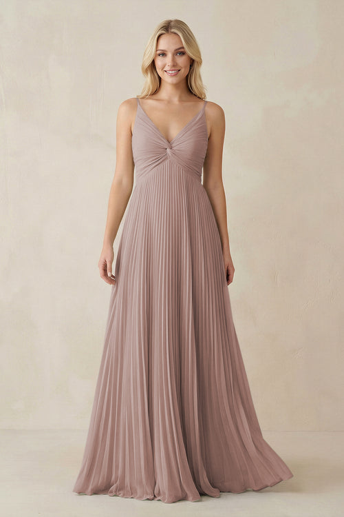 Toffee Pleated V-Neck A-Line Chiffon Bridesmaid Dress | KISSBRIDAL