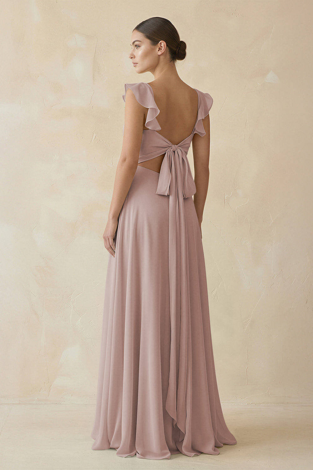 Ruffled Chiffon A-Line Long Bridesmaid Dress in Toffee