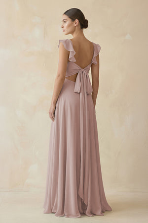 Toffee Ruffled Chiffon A-Line Long Bridesmaid Dress (2) | KISSBRIDAL