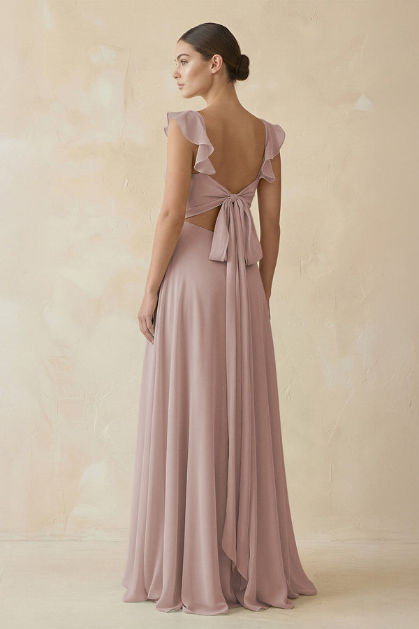 Toffee Ruffled Chiffon A-Line Long Bridesmaid Dress (2) | KISSBRIDAL