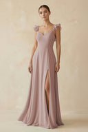 Toffee Ruffled Chiffon A-Line Long Bridesmaid Dress | KISSBRIDAL