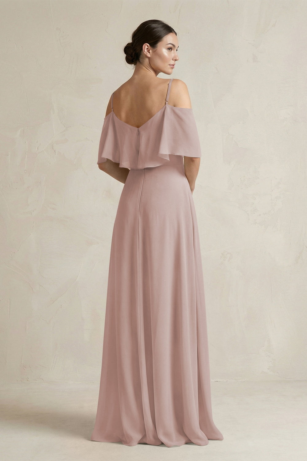 Ruffled Off-the-Shoulder A-Line Chiffon Bridesmaid Gown in Toffee