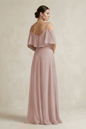 Toffee Ruffled Off-the-Shoulder A-Line Chiffon Bridesmaid Gown (2) | KISSBRIDAL