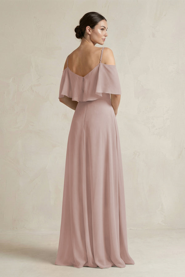 Toffee Ruffled Off-the-Shoulder A-Line Chiffon Bridesmaid Gown (2) | KISSBRIDAL