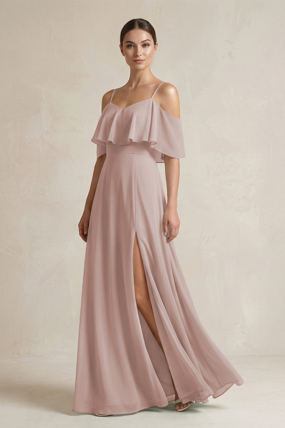 Ruffled Off-the-Shoulder A-Line Chiffon Bridesmaid Gown in Toffee