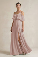 Toffee Ruffled Off-the-Shoulder A-Line Chiffon Bridesmaid Gown | KISSBRIDAL