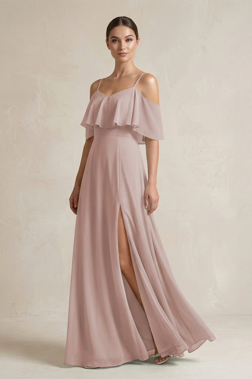 Toffee Ruffled Off-the-Shoulder A-Line Chiffon Bridesmaid Gown | KISSBRIDAL
