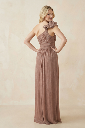 Toffee Ruffled One-Shoulder Pleated Sequined A-Line Bridesmaid Dress (2) | KISSBRIDAL