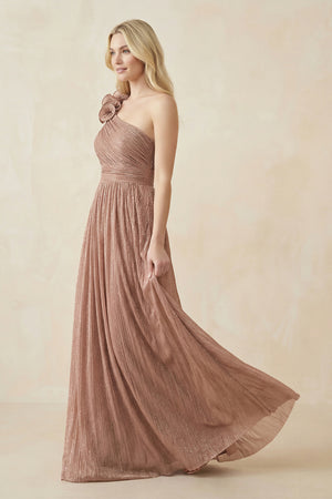 Toffee Ruffled One-Shoulder Pleated Sequined A-Line Bridesmaid Dress (3) | KISSBRIDAL