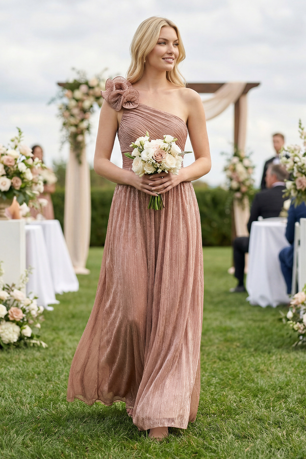 Toffee Ruffled One-Shoulder Pleated Sequined A-Line Bridesmaid Dress (4) | KISSBRIDAL