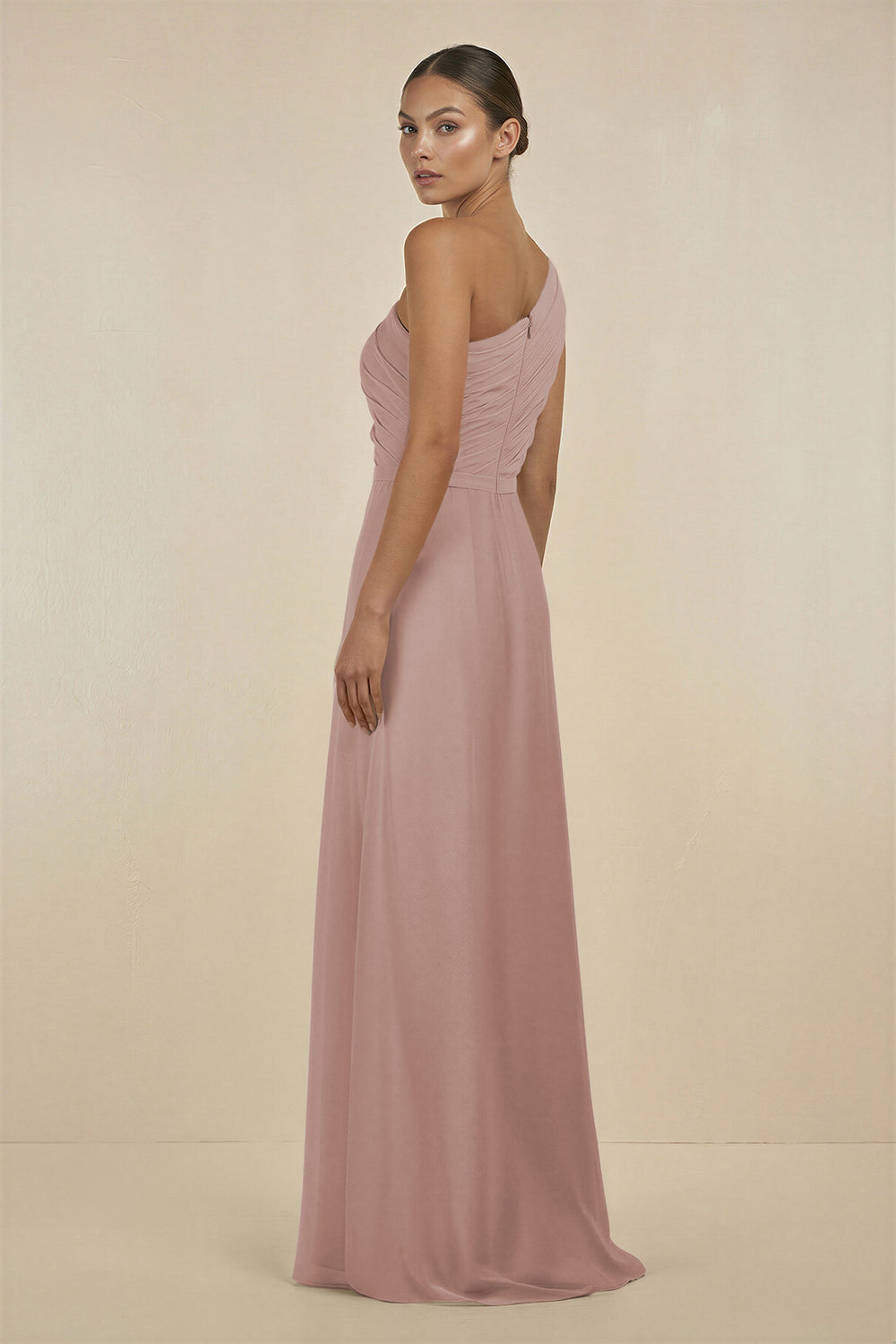 Ruffled One-Shoulder Pleated Sheath Bridesmaid Dress in Toffee