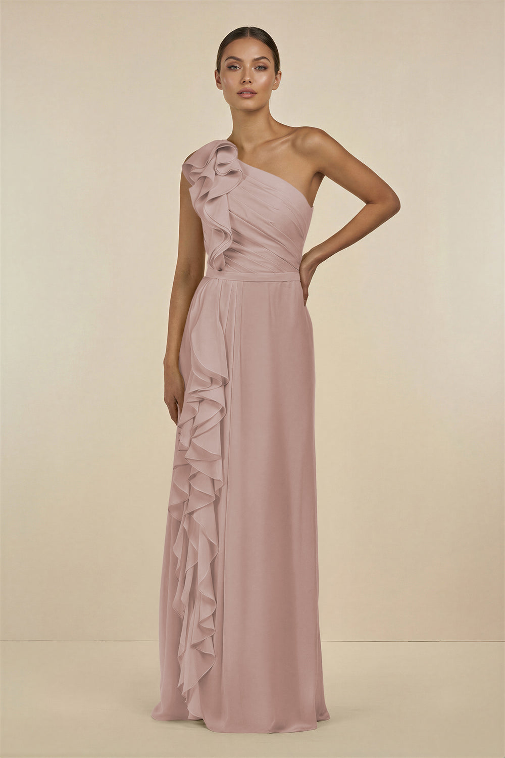 Ruffled One-Shoulder Pleated Sheath Bridesmaid Dress in Toffee