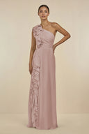 Toffee Ruffled One-Shoulder Pleated Sheath Bridesmaid Dress | KISSBRIDAL