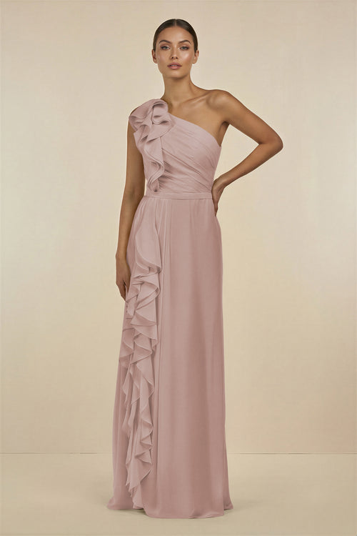 Toffee Ruffled One-Shoulder Pleated Sheath Bridesmaid Dress | KISSBRIDAL