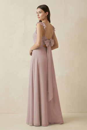 Toffee Ruffled Sleeve A-Line Chiffon Bridesmaid Dress (2) | KISSBRIDAL