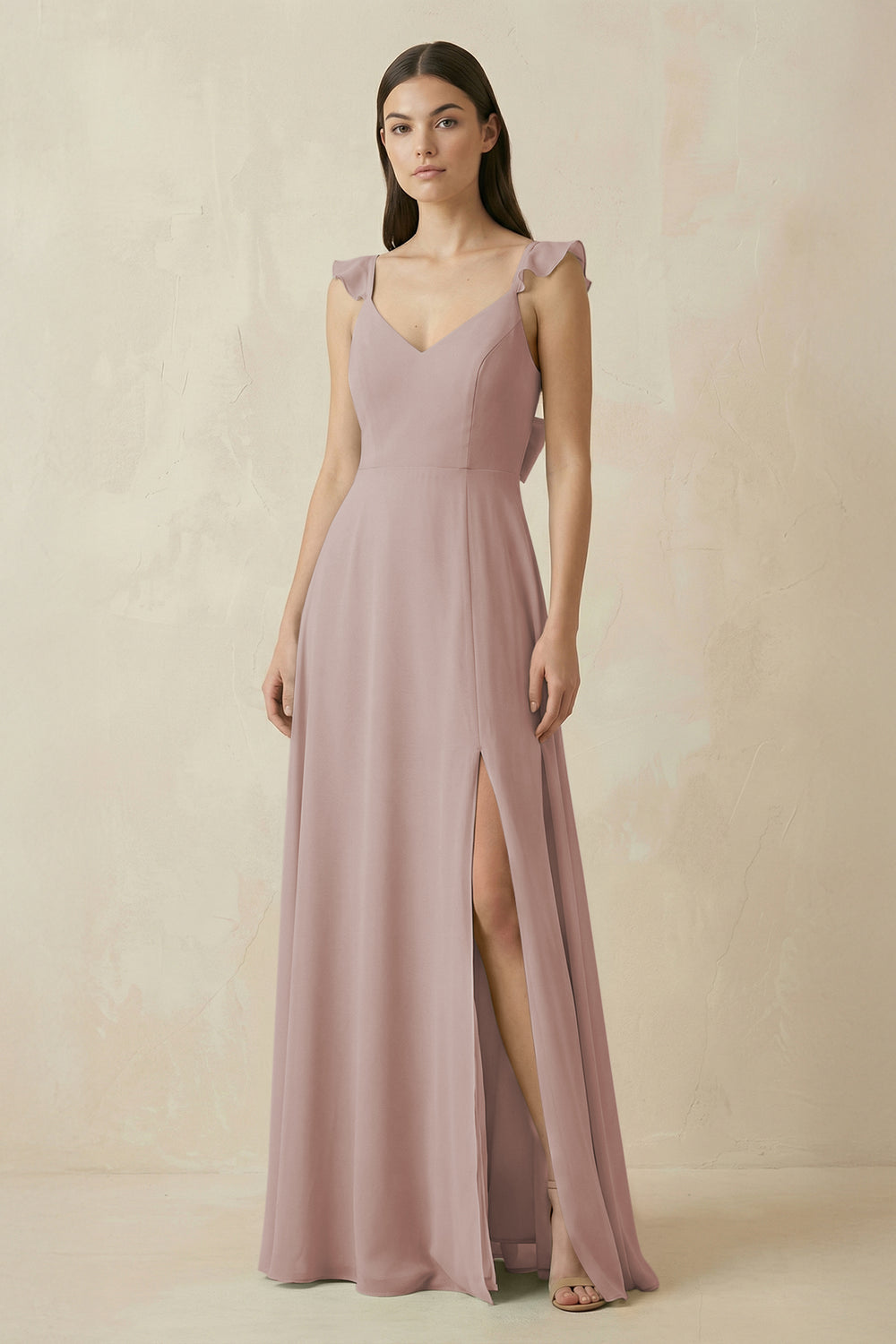 Ruffled Sleeve A-Line Chiffon Bridesmaid Dress in Toffee