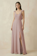 Toffee Ruffled Sleeve A-Line Chiffon Bridesmaid Dress | KISSBRIDAL